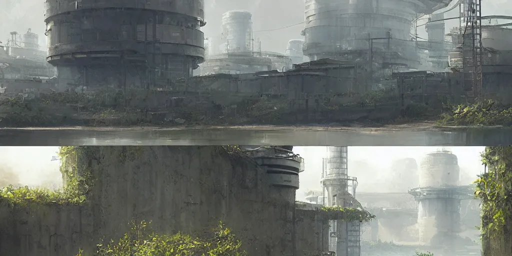 Image similar to clean and optimistic cooling tower and containment building, by a river and fields, greg rutkowski and studio ghibli