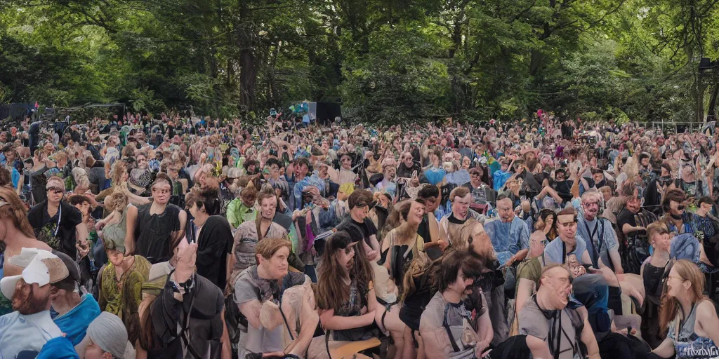 Prompt: an ecstatic crowd at a solarpunk festival listening a wired up cybernetic artifical intelligent synthesizer on a overgrown center stage playing music in the year 3 0 0 0, blissful, unreal, 4 k, hyperrealistic, refraction, 3 d, octane, architecture, by victor henrich, art nouveau, ultrawide, bloom filter, lush, harmony, solarpunk