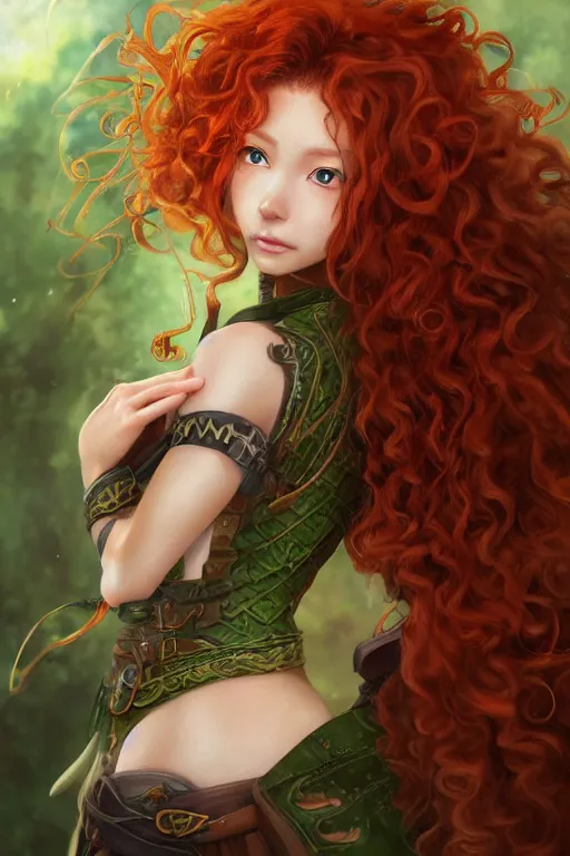 Image similar to A realistic anime portrait of long curly haired redhead female ranger wearing an intricate fantasy ranger outfit, asian facial features, green eyes, digital painting, by Stanley Artgerm Lau, Sakimichan, WLOP and Rossdraws, digtial painting, trending on ArtStation, SFW version