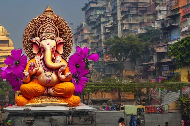 Image similar to beautiful futuristic new delhi, sharp sci - fi ganesha!! building, kalighat flowers, highly detailed cinematic, stephen shore & john j. park, soft morning light, wide shot, high angle, uhd 8 k, sharp focus