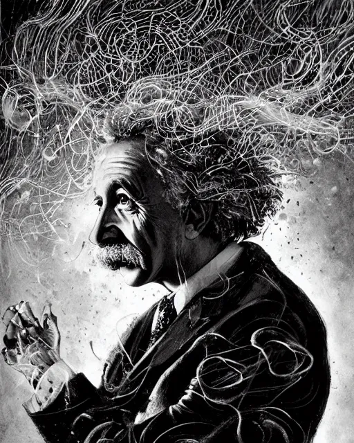 Prompt: a highly detailed portrait of Einstein as a devious male magician radiating a powerful energy aura, ornate back tuxedo, wispy tendrils of smoke, swirling vortex of energy, performance art, intricate, digital painting, old english, raining, sepia, particles floating, whimsical background by marc simonetti, art by artgerm and greg rutkowski and alphonse mucha