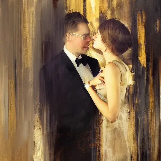 Prompt: spontaneous unfinished romantic portrait, beautiful juicy brush strokes, by Richard schmid and Sargent, low key lighting, black and gold, trending on cgsociety, expressionism, linen canvas