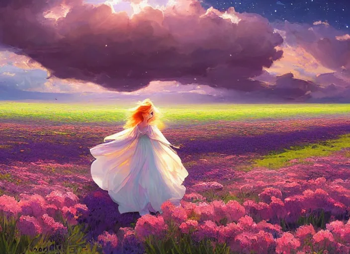 Image similar to a alone princess walks through a vast flower field in the cosmic sky by vladimir volegov and alexander averin and peder mørk mønsted and ross tran and raphael lacoste