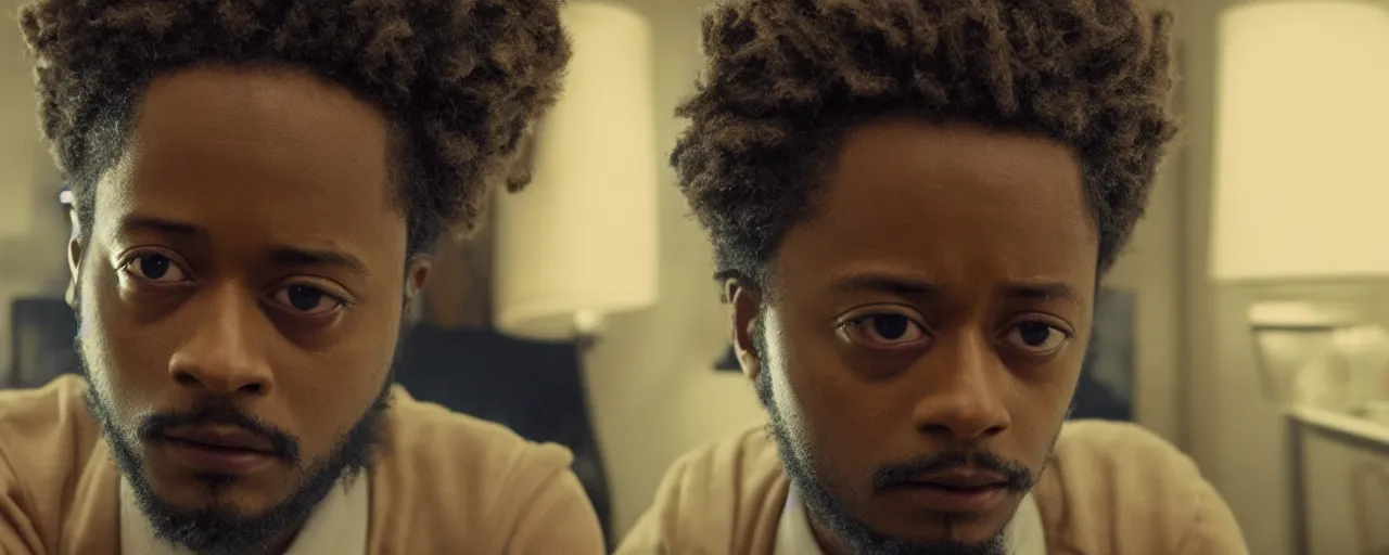 Prompt: 3 / 4 mid close up lakeith stanfield in a sci - fi overlook hotel room, wes anderson movie, rembrandt lighting, imax 4 0 mm anamorphic lens, tetradic color scheme,