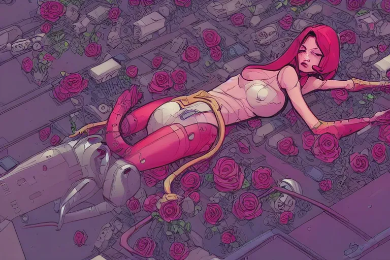 Prompt: comic book illustration, an alien princess lying on a bed of roses, cyberpunk concept art by josan gonzales and wlop, highly detailed, intricate, sci-fi, sharp focus, Trending on Artstation HQ, deviantart