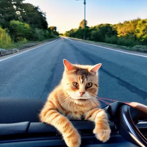 Prompt: convertible on road, cat homies chilling in convertible, paws on steering wheel, paw hanging out of window, golden hour, clear sky, unobstructed road