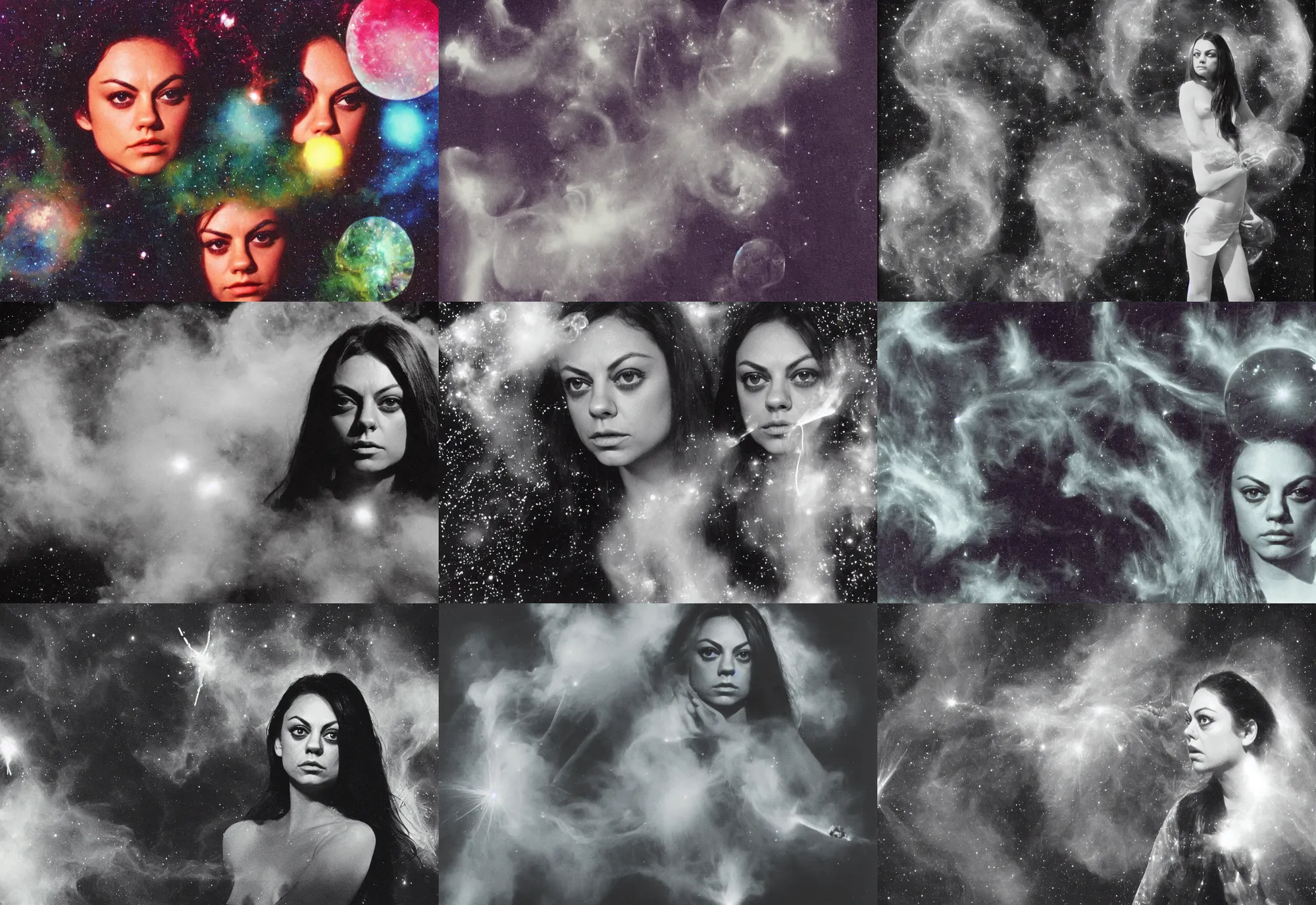 Prompt: 1970 Mila Kunis looking into the camera with small reflective bubbles, puffs of colored smoke, Nebula, Ludek Pesek, Rick Guidice, Chesley Bonestell, Lucien Rudaux, Rolf Klep, Fred Freeman, George Pal