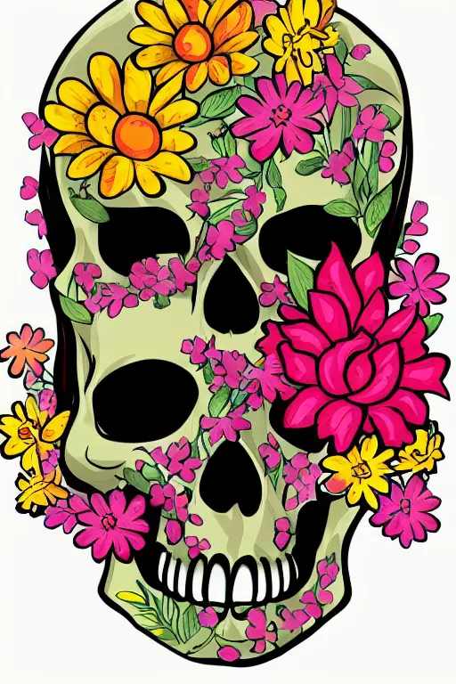 Image similar to skull girl with flowers art by kiko rodriguez, sticker, colorful, illustration, highly detailed, simple, smooth and clean vector curves, no jagged lines, vector art, smooth