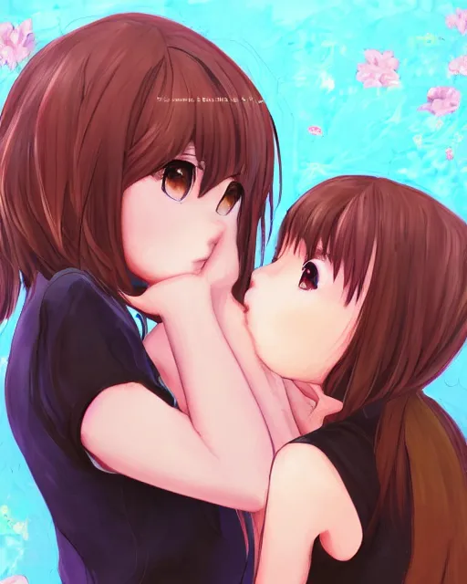 Image similar to portrait of two girls kissing, anime, trending on Artstation