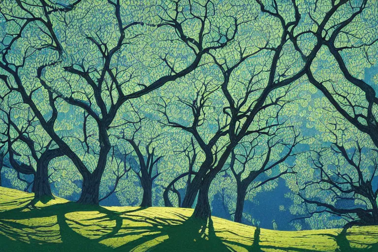 Image similar to masterpiece painting of oak trees on a hillside overlooking a creek, dramatic lighting, by victo ngai