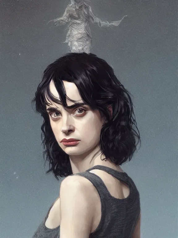 Prompt: old krysten ritter with grey hair as an actor from stranger things, intricate, highly detailed, digital painting, artstation, oppressive lighting, fashion concept art, sharp focus, illustration, art by greg rutkowski and alphonse mucha