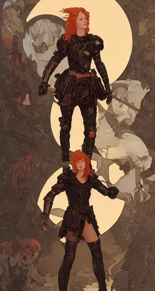 Prompt: redhead mackenzie davis actress wearing black armour with bare legs, mucha, hard shadows and strong rim light, art by jc leyendecker and atey ghailan and sachin teng