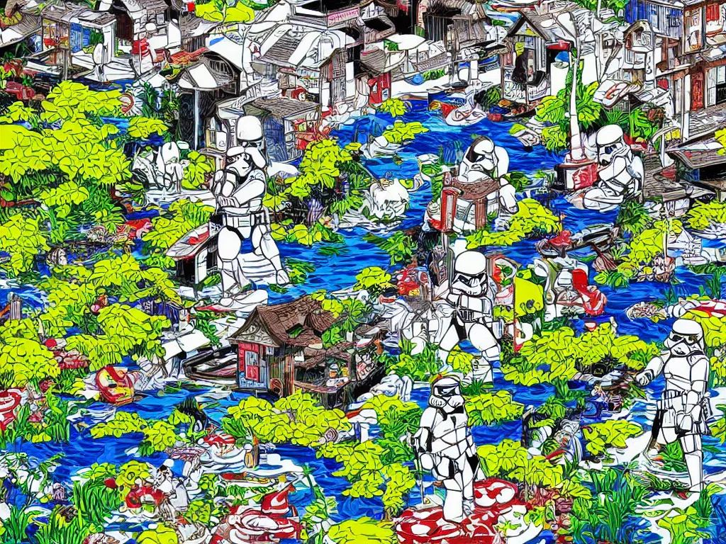 Image similar to hyperdetailed close - up image of a japanese house with a garden, pond, stormtroopers sitting around it, in style of pop - art, andy warho style, roy lichtenstein style, jackie tsa stylei, bright palette, acrylic on canvas