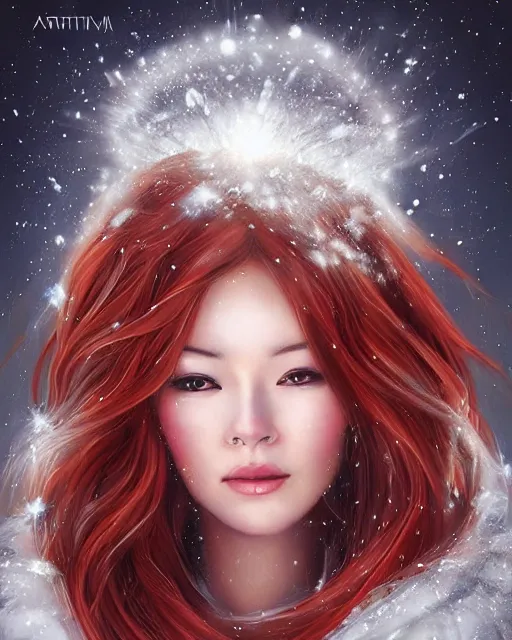 Prompt: beautiful eskimo woman auburn beauty portrait, long flowing red hair, blizzard of crystalline ice and snow, sparkling radiant light, fantasy portrait by artgerm, photorealism