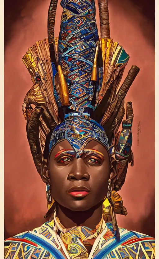 Image similar to a retro futuristic african tribal chief, art by joseph christian leyendecker, design blocking by alphonso mucha and drew struzan, highly detailed, digital painting, airbrush, concept art, illustration, smooth sharp focus, intricate, symmetry,