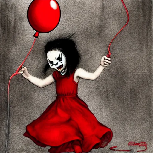 Image similar to grunge cartoon painting of a little girl playing with a jump rope with a wide smile and a red balloon by chris leib, loony toons style, pennywise style, horror theme, detailed, elegant, intricate