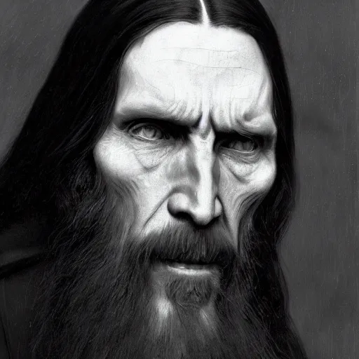 Image similar to portrait of Grigori Rasputin as a vampire, 35mm, depth of field, DOF, ominous, sharp, highly detailed, photorealistic, realistic, unreal 5, high, definition, 8k, artstation, donato giancola, irwin penn, Alphonse Mucha