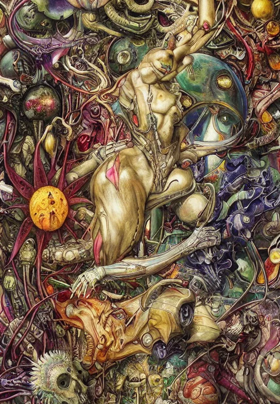 Prompt: simplicity, elegant, colorful muscular robot, botany, orchids, radiating, mandala, psychedelic, garden environment, wolf skulls, by h. r. giger and esao andrews and maria sibylla merian eugene delacroix, gustave dore, thomas moran, pop art, biomechanical xenomorph, art nouveau, cheerful, glass domes