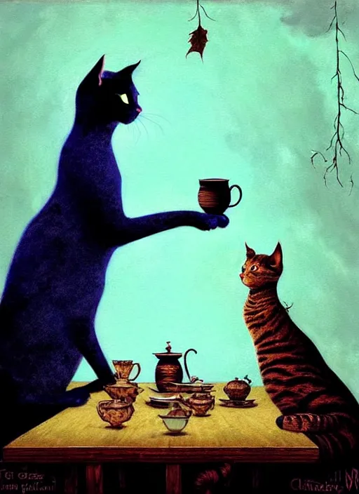 Image similar to cat having tea with a witch in the woods gorgeous lighting, lush forest foliage blue sky a hyper realistic painting by chiara bautista and beksinski and norman rockwell and greg rutkowski weta studio, and lucasfilm