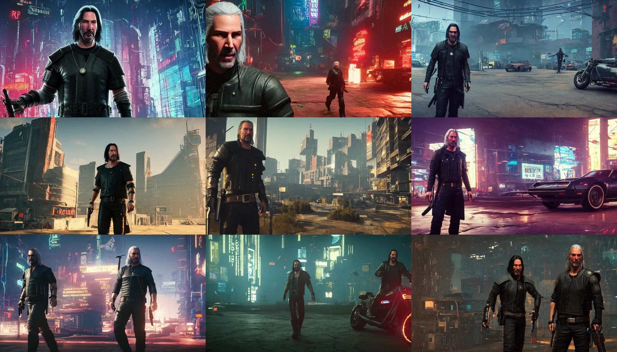 Prompt: keanu reeves as geralt of rivia, in the style of cyberpunk 2 0 7 7, retro - futuristic, unreal engine 5, 8 k, sharp and detailed