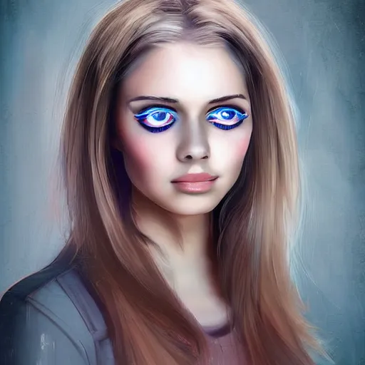 Image similar to A portrait of a young happy woman with mechanical eyes, beautiful!!! digital art