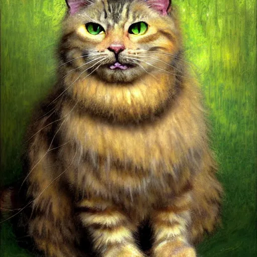 Image similar to portrait fluffy tabby cat feline with green human eyes wearing a suit. shadowrun furaffiniy furry art cyberpunk fantasy highly detailed painting by gaston bussiere craig mullins jc leyendecker gustav klimt artgerm greg rutkowski john berkey, bergey, craig mullins, ruan jia, raymond swanland, jeremy mann, tom lovell, alex malveda