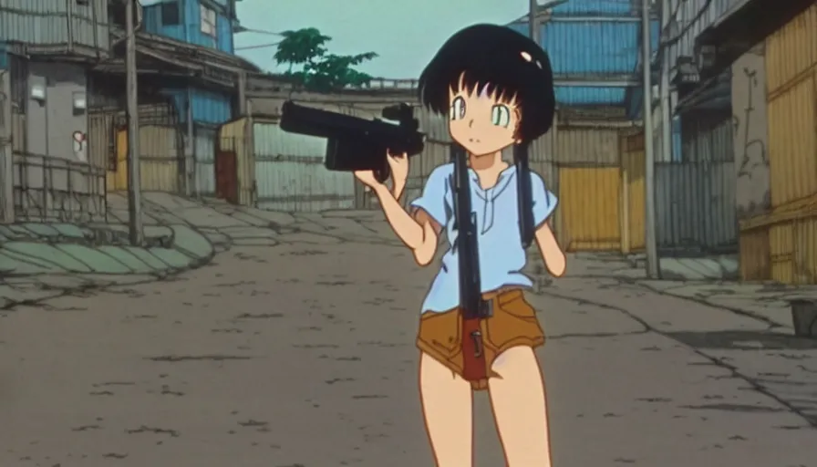 Prompt: 1 9 8 6 anime screencap of a girl with a gun on a rio de janeiro anime, by hayao miyazaki, studio ghibli, beautiful favela background extremely utra high quality artwork 8 k