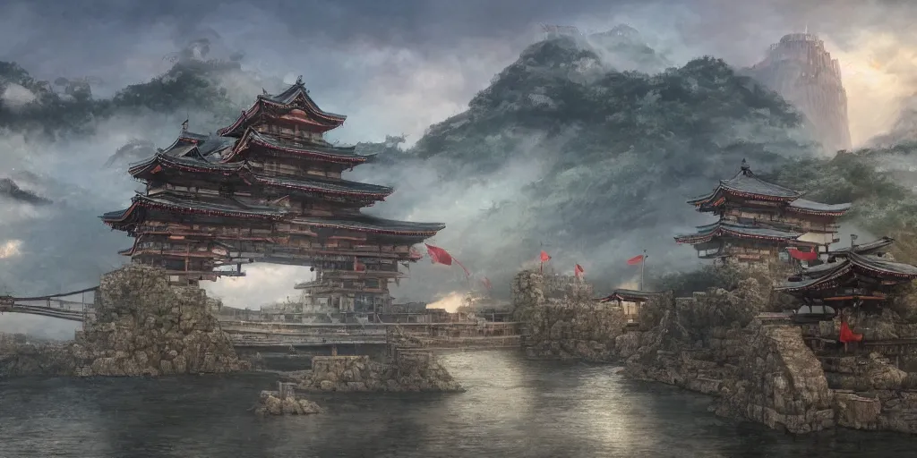 Prompt: giant goddess with swords guarding a japan middle age, giant fortress with cannons guarded by samurais, is built on a strong old wooden bridge, morning, matte painting, concept art, james gurney, greg rutkowski, unreal engine, artstation, john howe