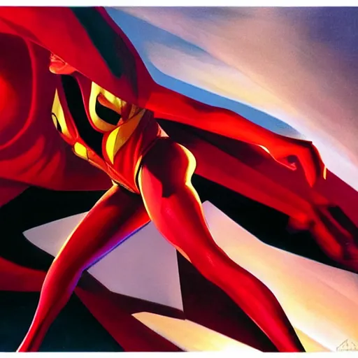 Prompt: jessica drew spider - woman, flying, dramatic volumetric red lights, art by alex ross