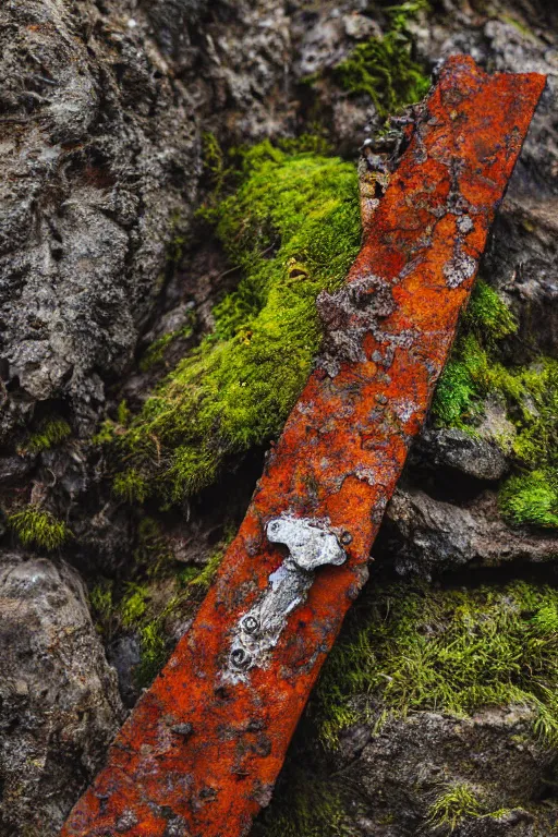 Prompt: a portrait of a rusty sword protruding from a rock, rust and corrosion, moss and vegetation, ancient forest, excalibur, close - up, intricate details, intricately detailed textures, warm lighting, vivid colors, smoke and mist, hyper realistic octane render, volumetric shading, depth of field, raytracing, 8 k,