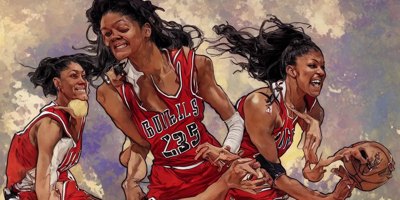 Image similar to candace parker playing basketball in a chicago bulls jersey art by artgerm and greg rutkowski and alphonse mucha, wide angle view,