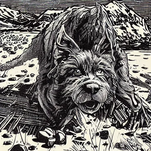 Prompt: blue woodcut print cartoon, hills science diet dog food at midnight by greg rutkowski, fine details, highly detailed