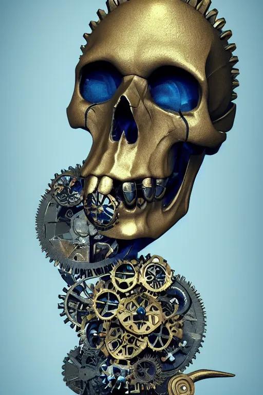 Image similar to conceptart 3 d render skull, the skull is decorated with art deco and steam punk gears details inside, hyperrealistic, volumetric lighting, ultra detailed, elegant, octane render, blue and gold, 8 k, trending on artstation, unreal engine