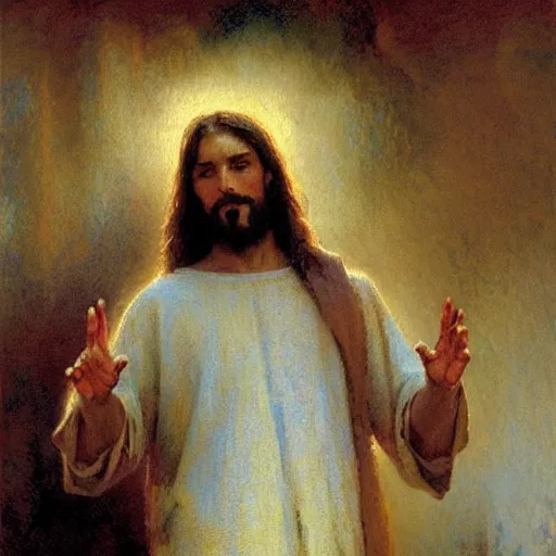 Image similar to Jesus doing the crip hand sign, painting by Gaston Bussiere, Craig Mullins