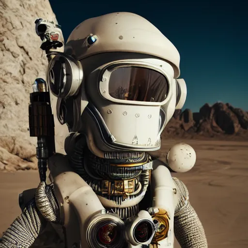 Image similar to portrait photography of a white steampunk space engineer suit, in an desert alien planet, ultra detail, beautiful light, high detail, 8 k, f / 2. 8, octane render