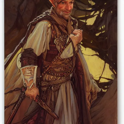 Prompt: Kethlan the elven desert bandit. Epic portrait by james gurney and Alfonso mucha.