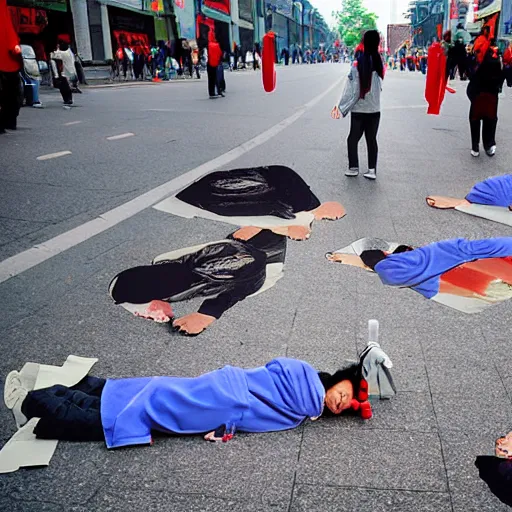 Image similar to beijing photograph cutouts of chinese protesters laying flat litter the streets of beijing, hyperreal - h 6 4 0