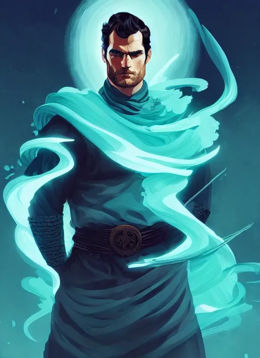 Image similar to style artgerm, joshua middleton, henry cavill as a warrior monk wearing green pelt light armor, blue hair, swirling water cosmos, fantasy, dnd, cinematic lighting