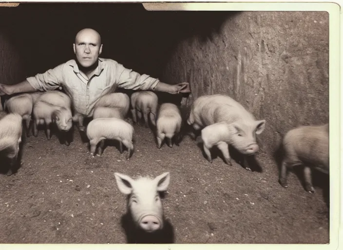 Prompt: polaroid of jean genet surrounded by piglets in a tunnel