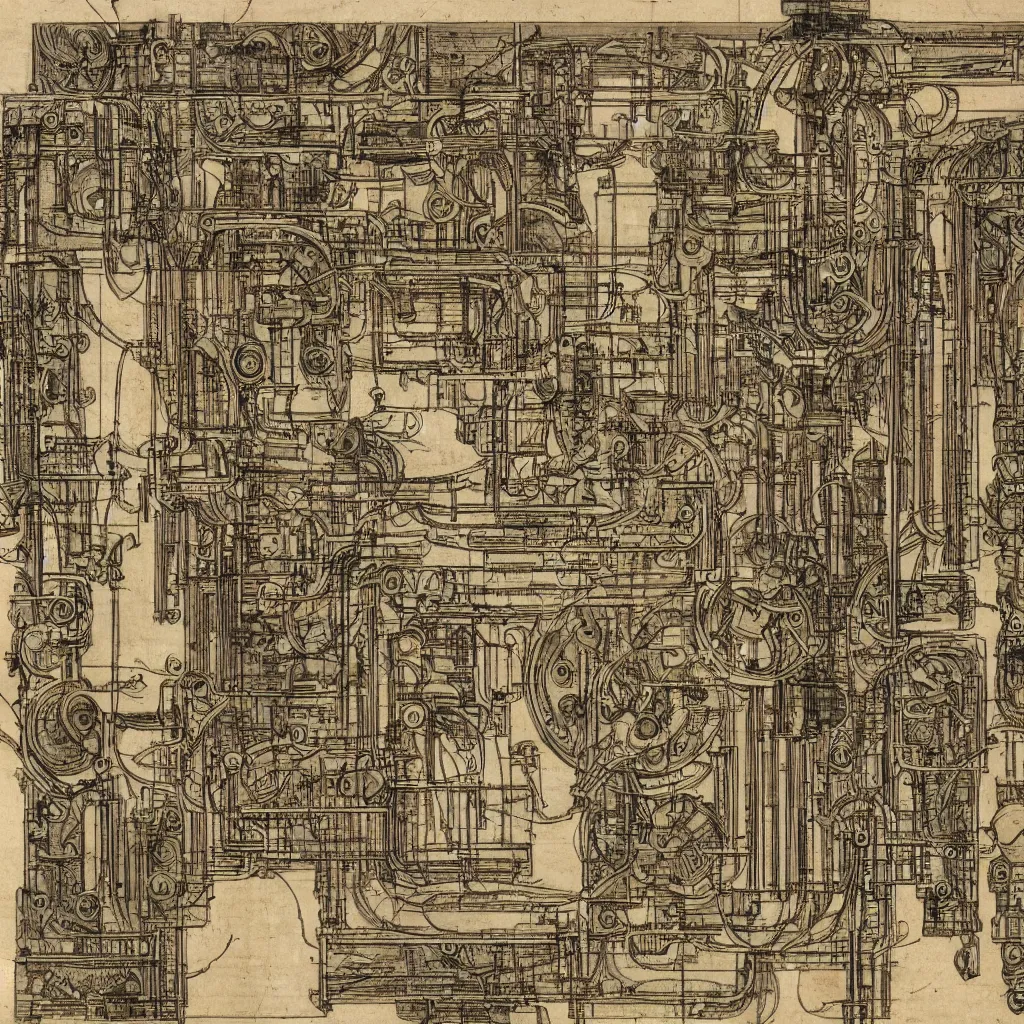 Image similar to close - up on detailed, intricate technical drawings from 1 8 4 0 with extensive written labels and covered in scribbled pencil notes, for a mechanical display attachment to babbage's difference engine, showing a screen playing tetris