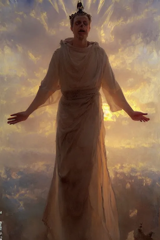 Image similar to beautiful impressionistic oil painting portrait of ancient roman god emperor steve buscemi ascending wearing the civic crown levitating in religious pose, art by anders zorn, wonderful masterpiece by greg rutkowski, expressive brush strokes, beautiful cinematic light, american romanticism by greg manchess, jessica rossier