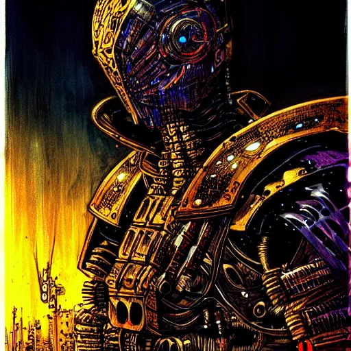 Image similar to cyberpunk knight, atmospheric lighting, painted, intricate, golden hour, ultra detailed by philippe druillet