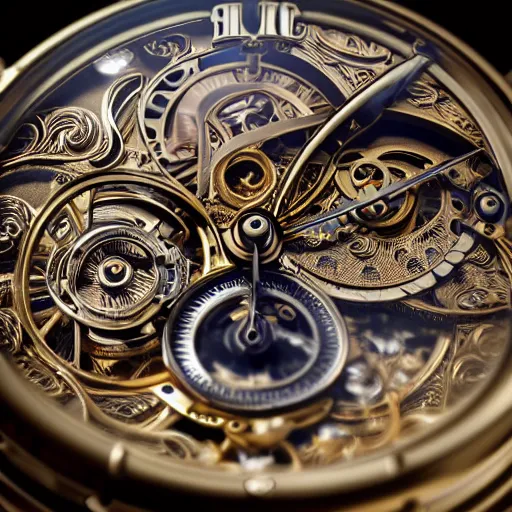 Image similar to a macro photo of a gold and silver mechanical pocketwatch, close - up, intricately detailed engravings, intricately detailed markings, intricate textures, warm lighting, vivid colors, realistic octane render, hyper realistic render, volumetric shading, depth of field, raytracing, 8 k,