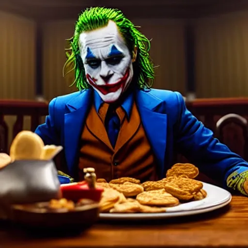 Prompt: cinematic shot of the joker sitting at a table with a plate of biscuits and chicken, 8 k, very detailed, very intricate,