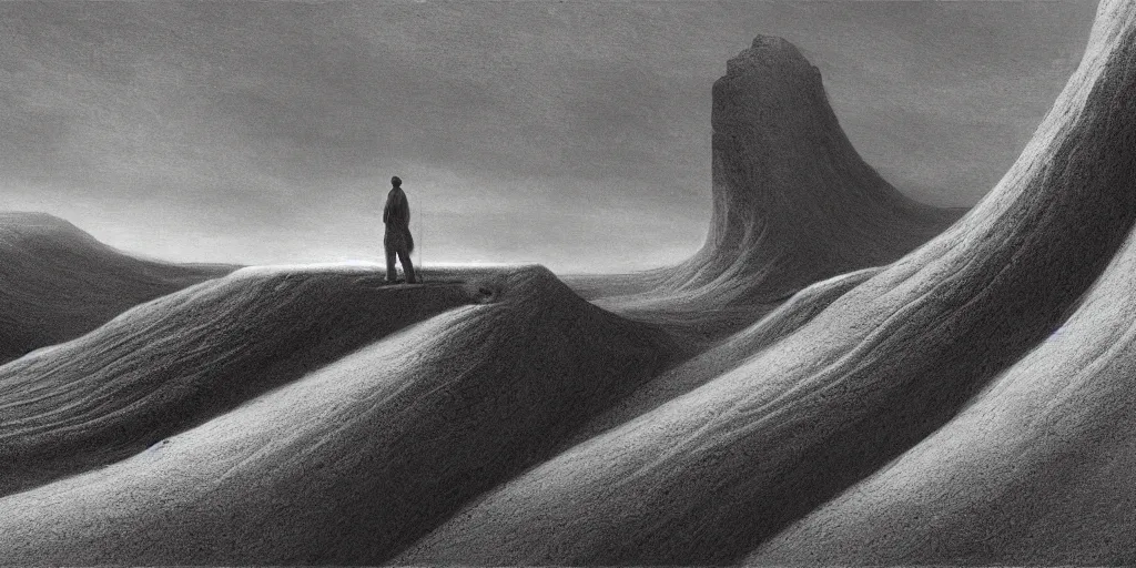 Prompt: Cinematic concept Art for film directed by Terrence Malick of a man standing in the beautiful flat salt planes with a small ridge in the ground that causes a divide, in the style of Gustave Doré