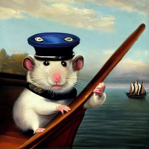 Prompt: hamster in victorian era british navy officer uniform, wearing a bicorn hat, at helm of a sailboat, daytime background partly cloudy, oil painting