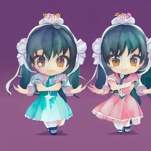 Image similar to beautiful water color concept art of cute nendoroid girl in the style of story book, toon rendering, close-up, flat, lacking in three-dimensionality, flat tone