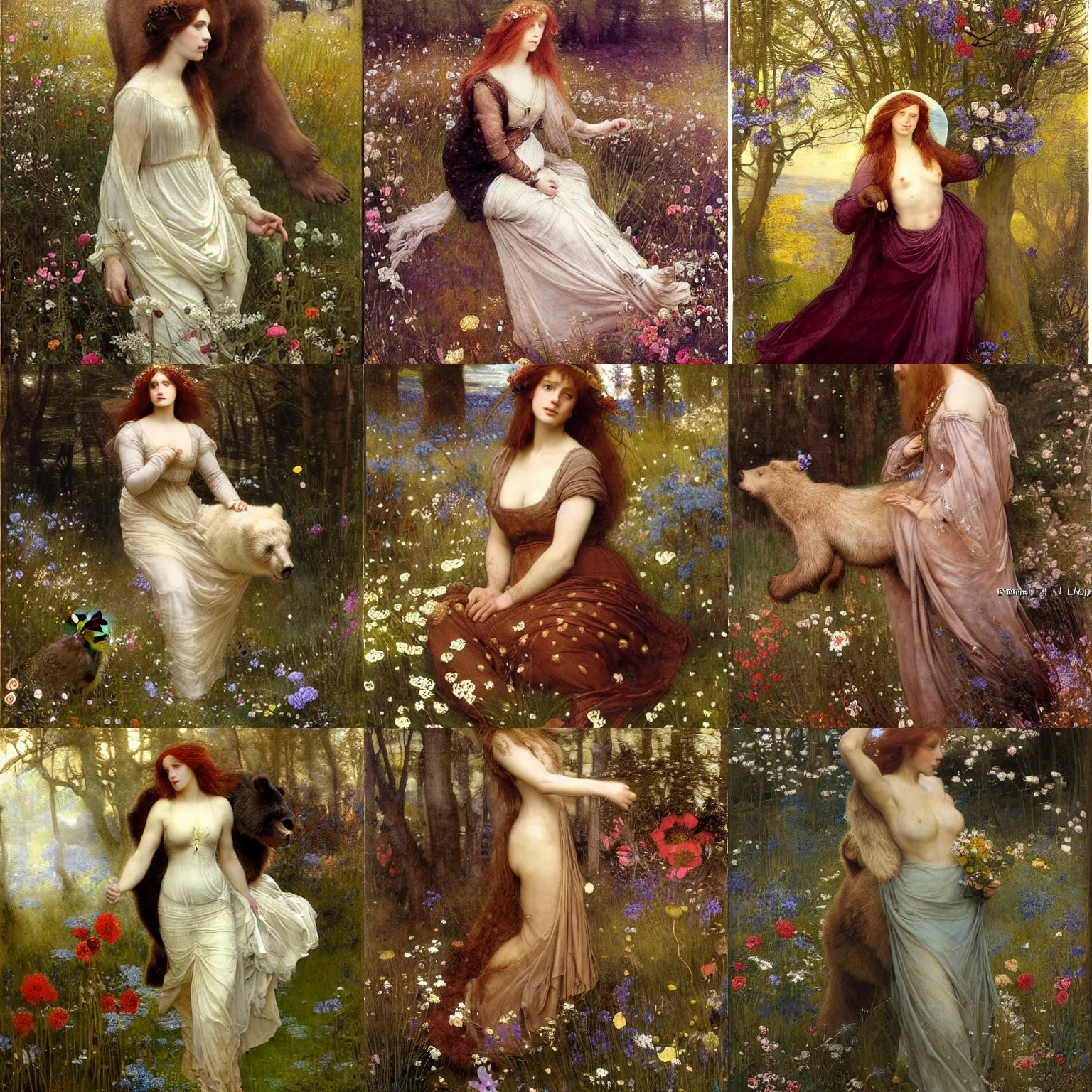 Prompt: beautiful pre - raphaelite chuck norris riding a bear with a flower halo, flowing gown with empire waist in a wildflower meadow, floating leaves, fairys and flower petals in background, painterly, briar patch, thorns, dreamy, painted by jeremy mann, edward burne - jones, and john everett millais, alma tadema, ethereal, stunning, god rays, detailed