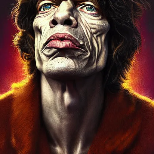 Image similar to digital painting of mick jagger by filipe pagliuso and justin gerard, symmetric, fantasy, highly, detailed, realistic, intricate