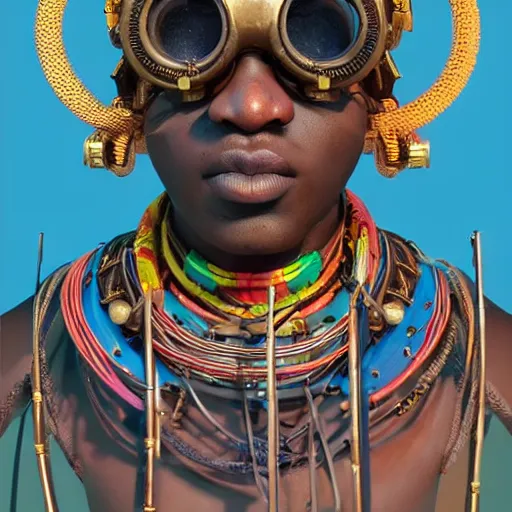 Image similar to colourful vfx upper half - portrait - art of a african tribal chief wearing steam punk goggles, art by utagawa kunisada & james jean, symmetrical, intricate detail, concept art, volumetric light, ray tracing, caricature, digital illustration, digital painting, octane 3 d render, unreal engine, sharp, pinterest, behance, art station,